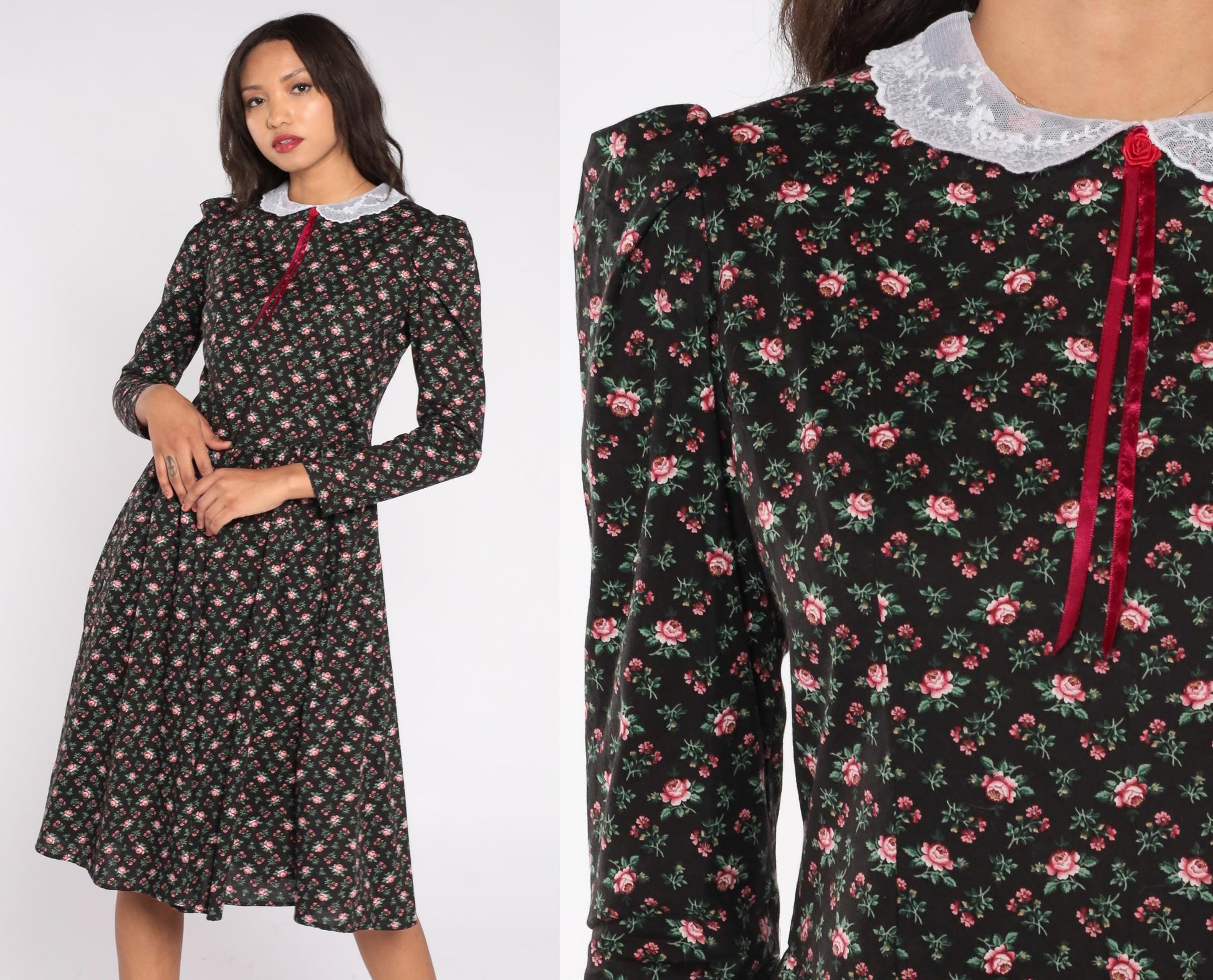 70s Floral Prairie Dress Rose Print Black Lace Collar Midi Medium M