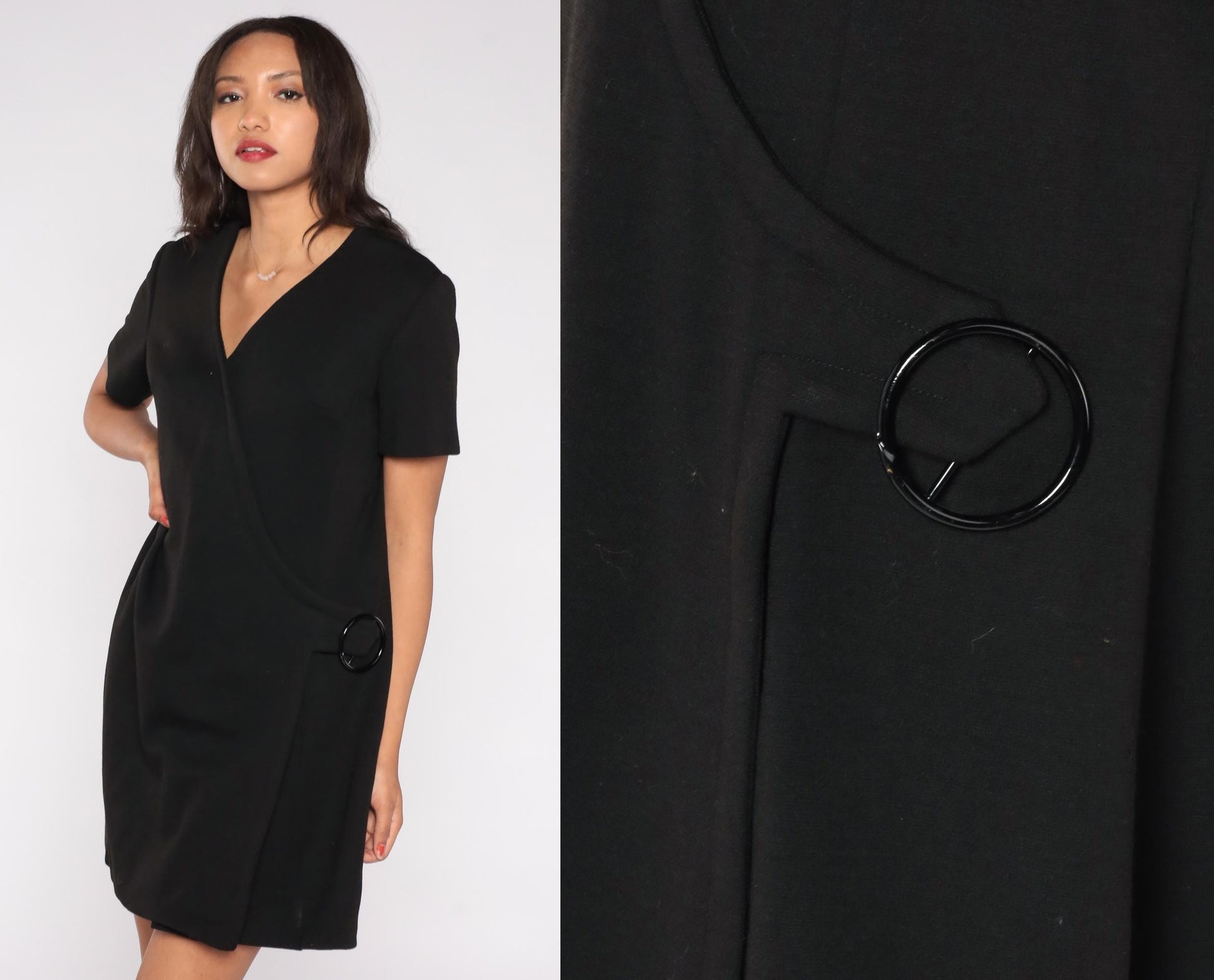 60s Black Wool Mini Shift Dress Short Sleeve Wrap Front Mod Extra Large XL