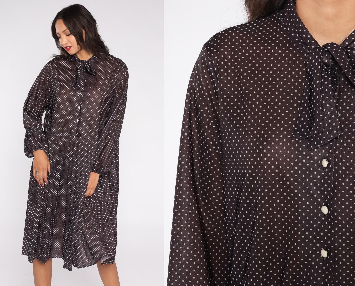 70s Brown Polka Dot Midi Dress Pussy Bow Neckline Button Front Pleated Extra Large