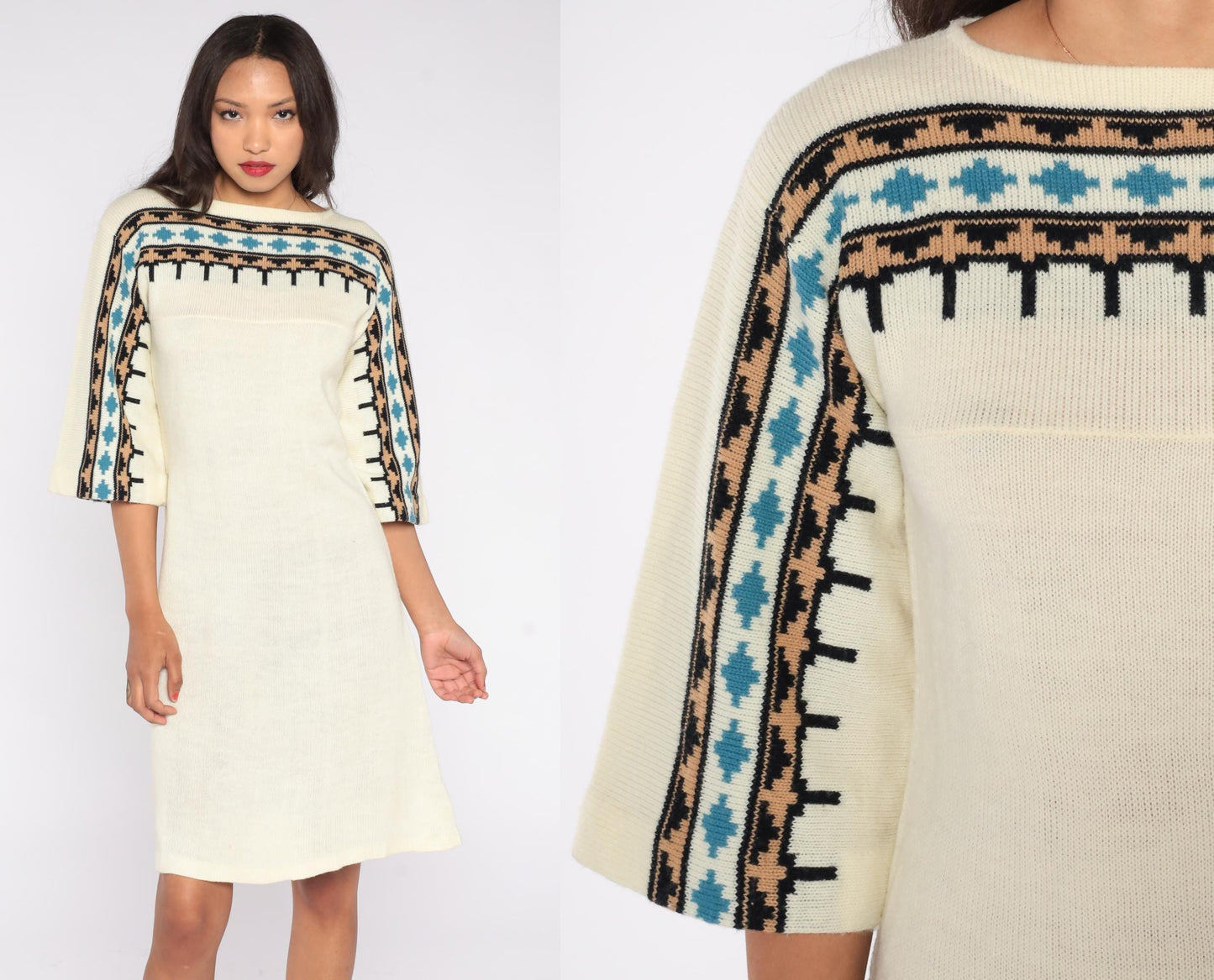 70s Cream Knit Sweater Dress Geometric Yoke Midi Flared Sleeve Small