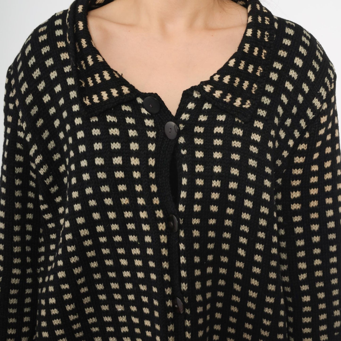 80s Black Cream Check Wool Sweater Coat Collared Cardigan Large L