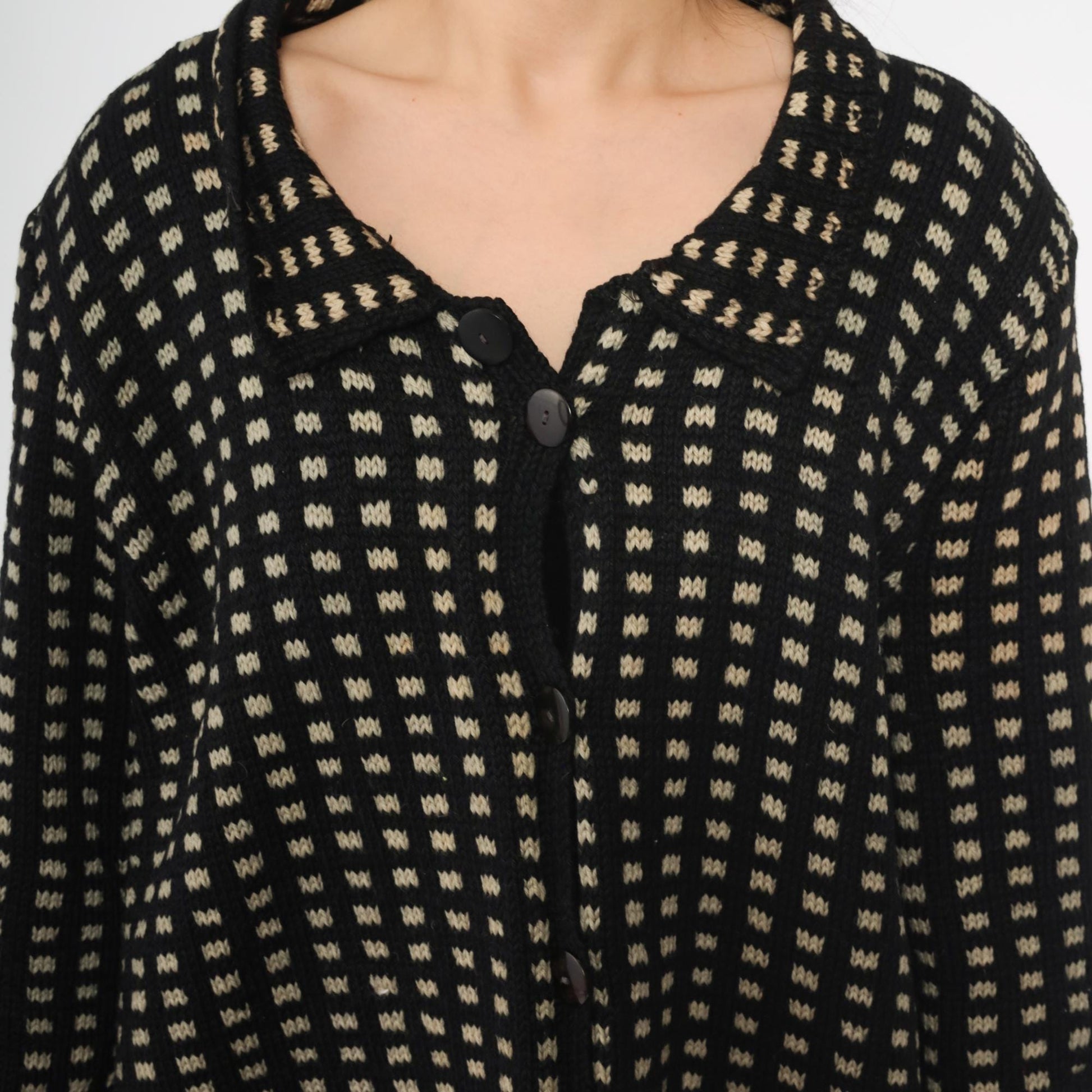 80s Black Cream Check Wool Sweater Coat Collared Cardigan Large L