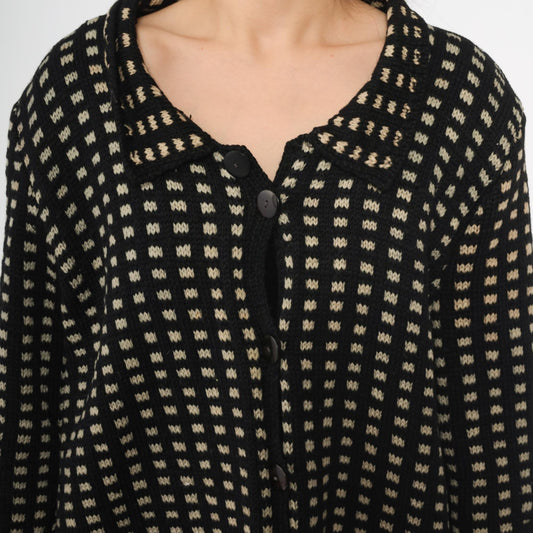 80s Black Cream Check Wool Sweater Coat Collared Cardigan Large L