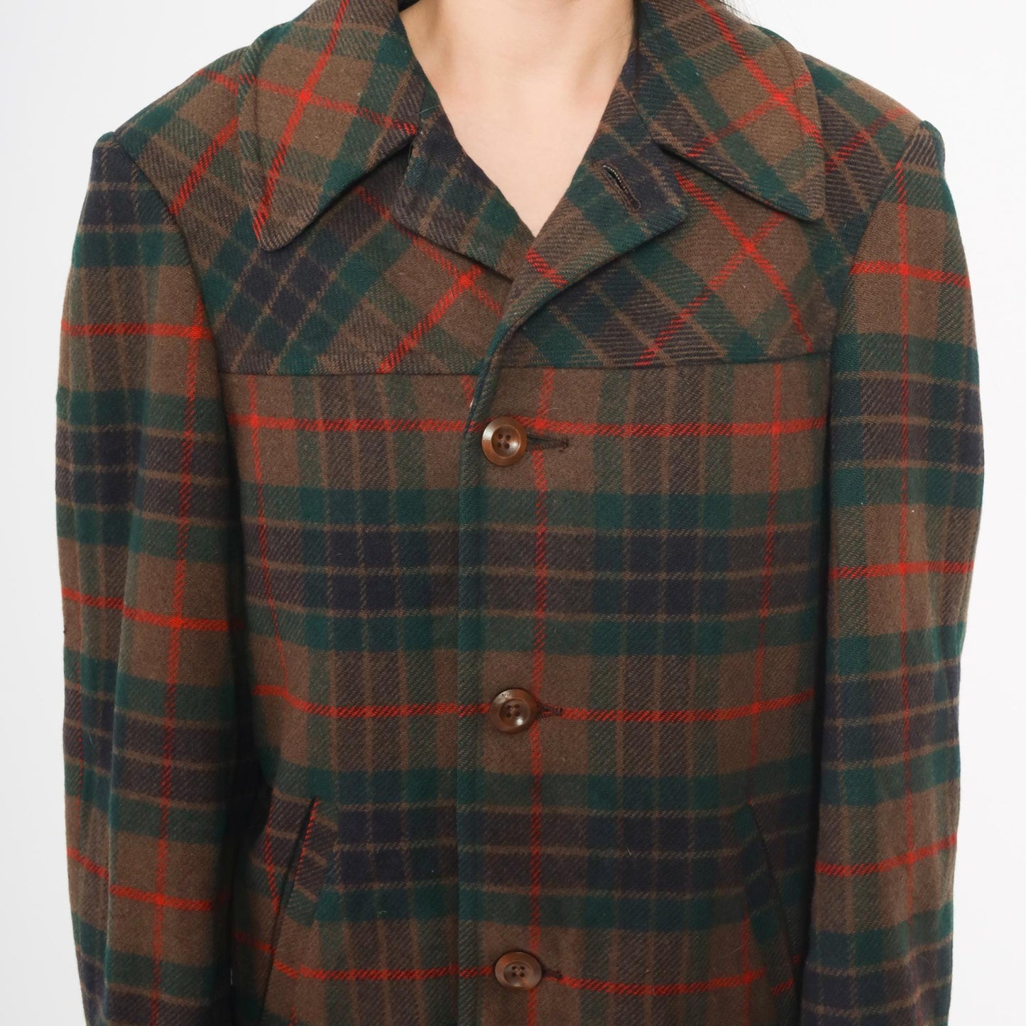 70s Pendleton Wool Coat Brown Green Red Plaid Button Front Medium M