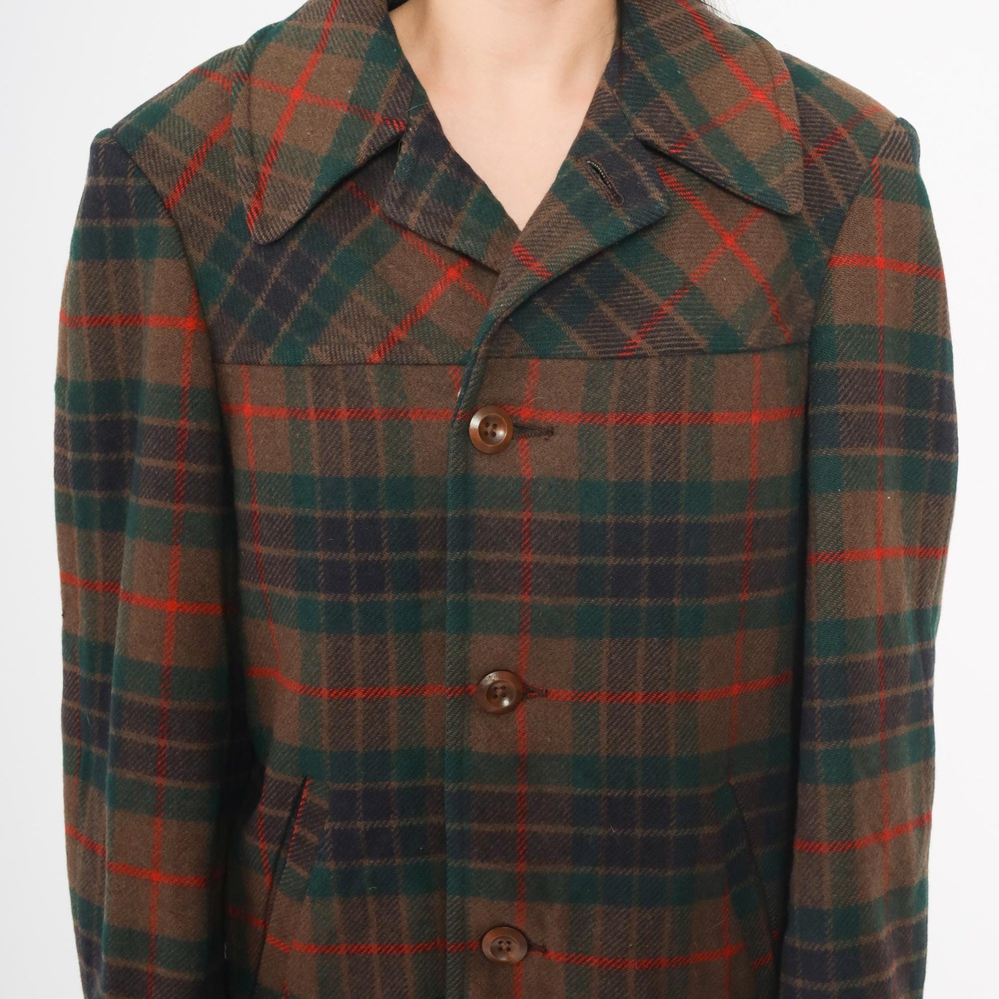 70s Pendleton Wool Coat Brown Green Red Plaid Button Front Medium M