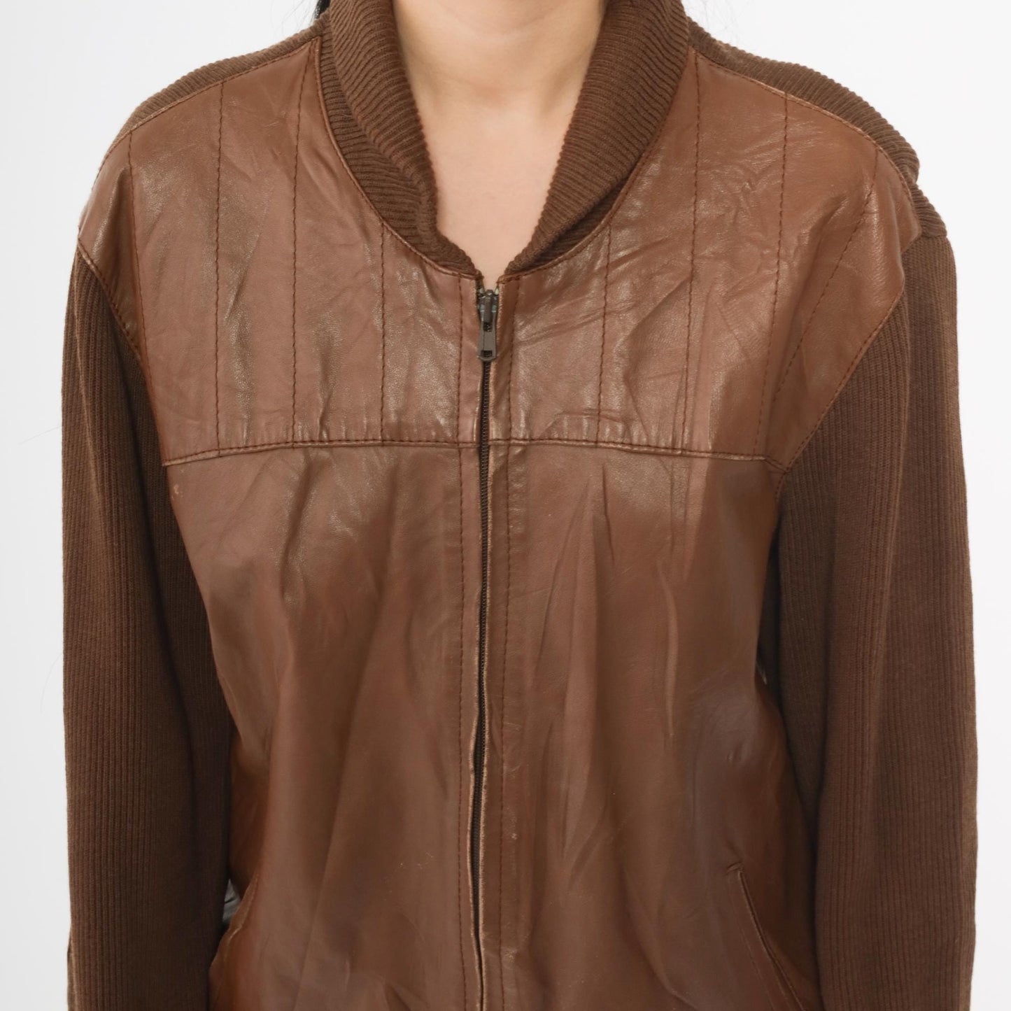 80s Torras Brown Leather Bomber Jacket Wool Knit Sleeves Elbow Patch Large