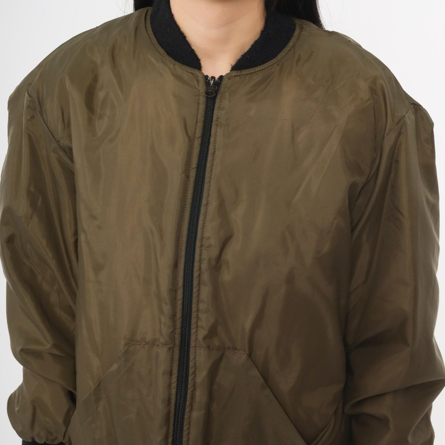 90s RedHead Olive Green Nylon Bomber Jacket Black Rib Trim XL