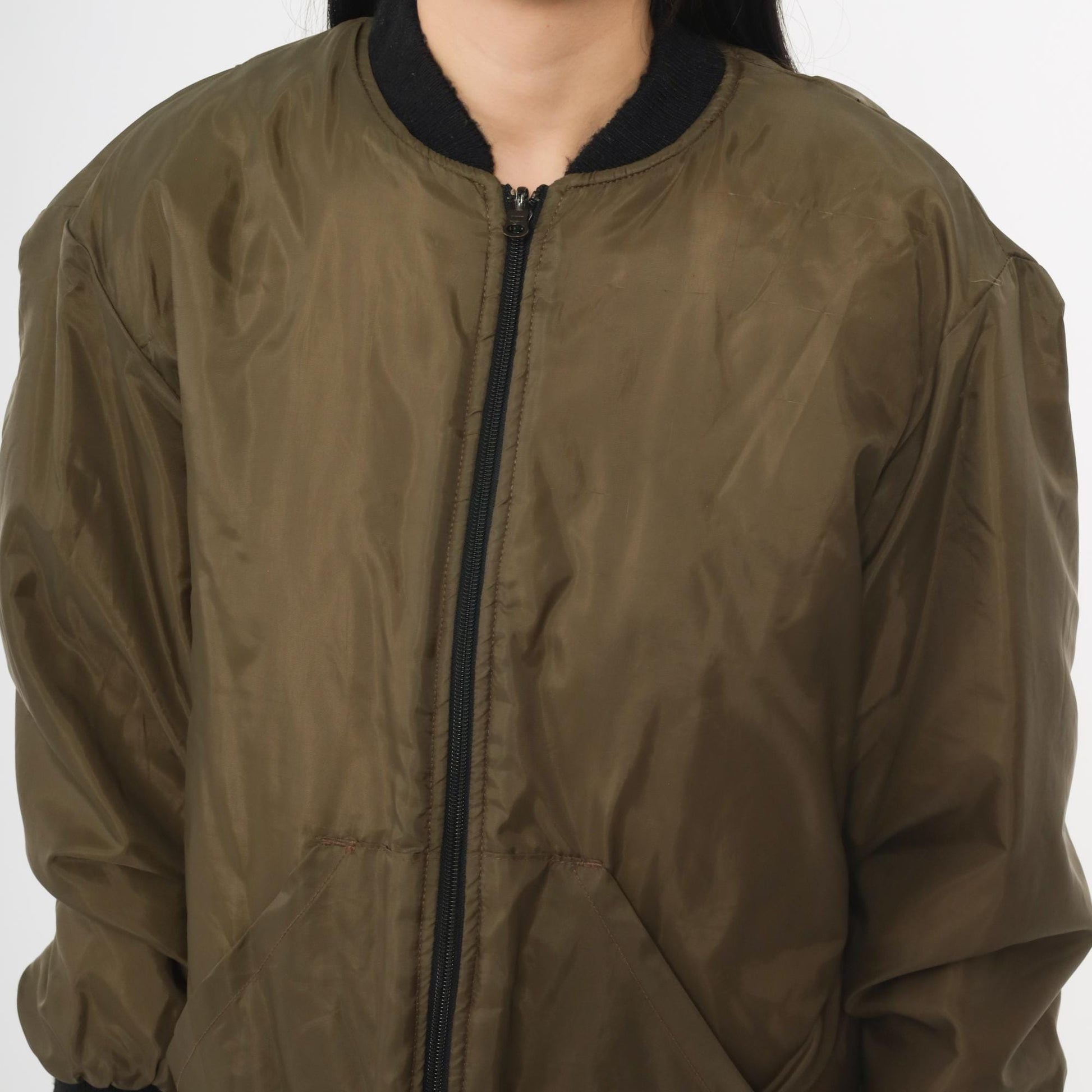 90s RedHead Olive Green Nylon Bomber Jacket Black Rib Trim XL