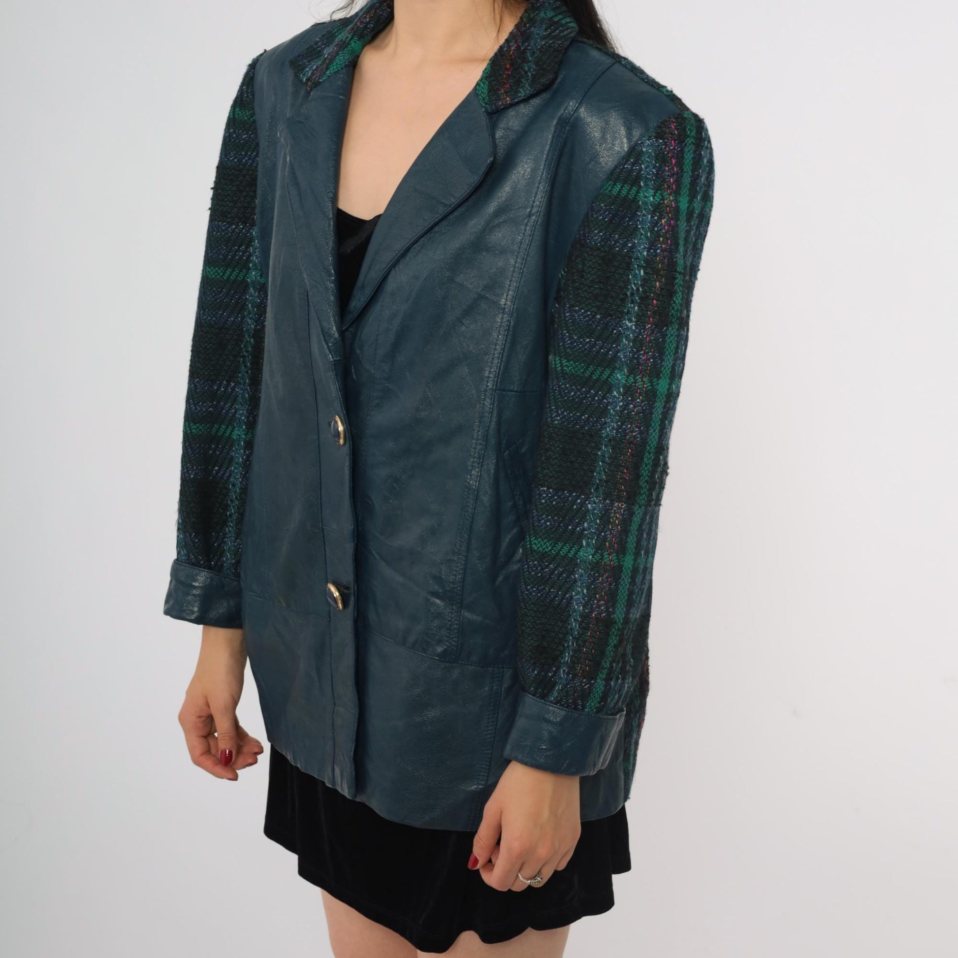 80s Blue Vinyl Plaid Wool Blazer Green Tartan Mixed Material Medium