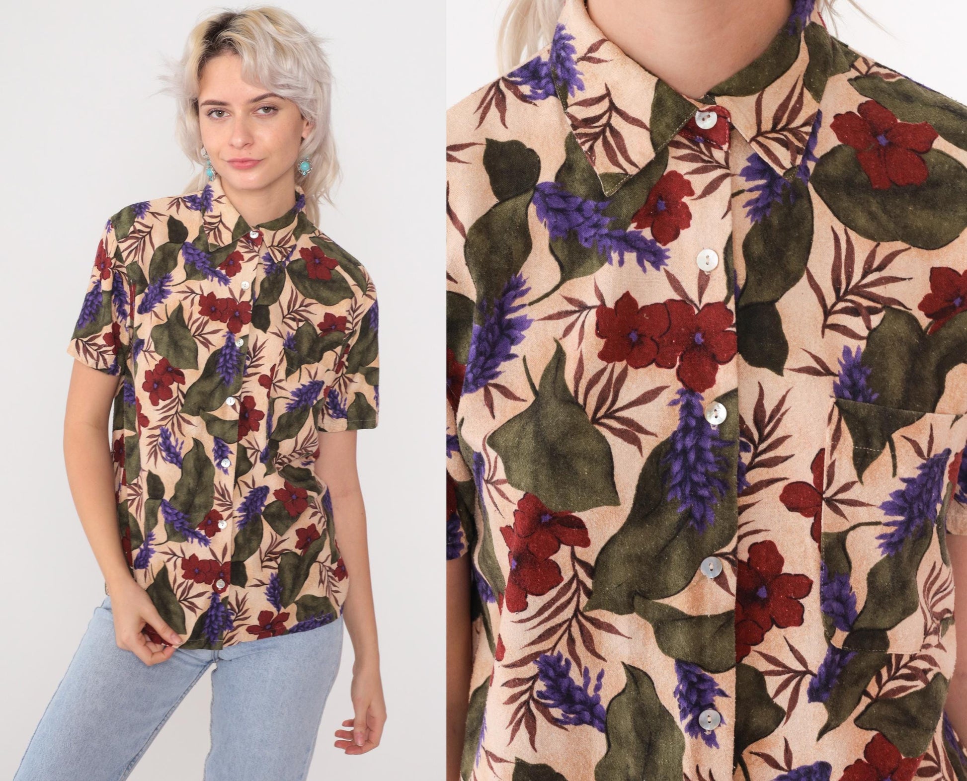 90s Selene Sport Silk Floral Button-Down Blouse Beige Hibiscus Small S