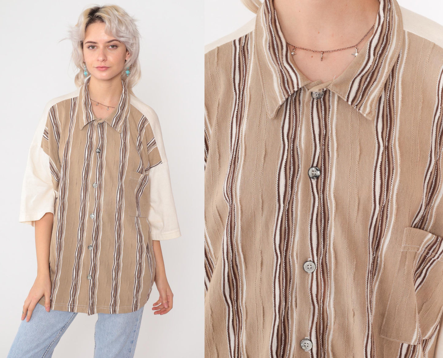 90s Raw Rags Striped Colorblock Button Up Shirt Tan Cream Brown Large L