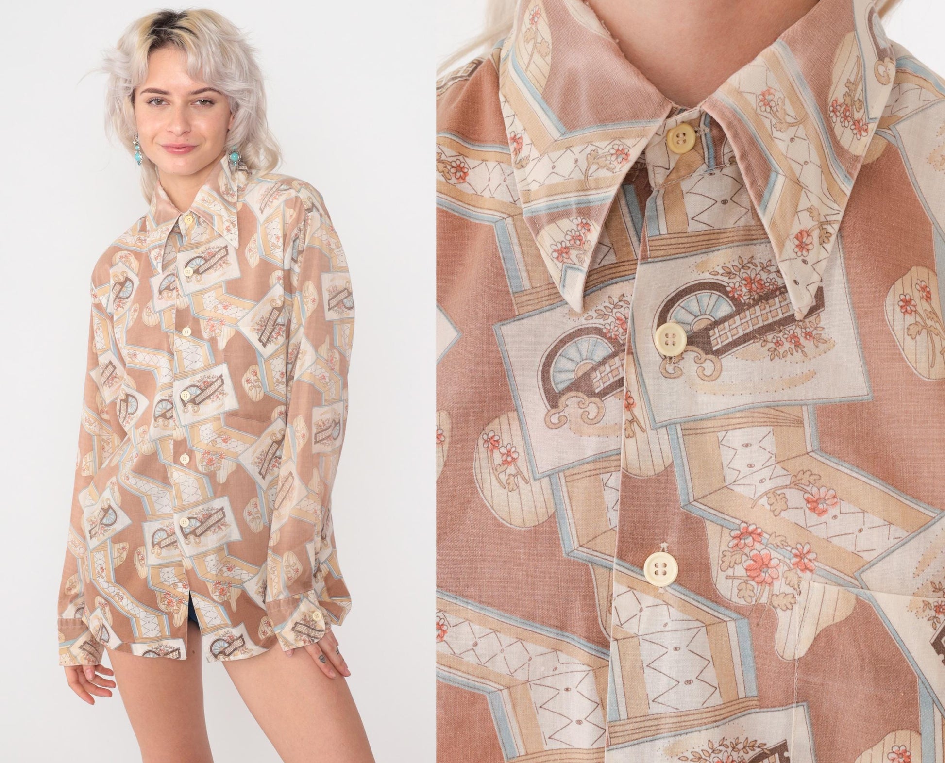 70s Garden Scene Button Down Blouse Peach Novelty Print Long Sleeve Medium