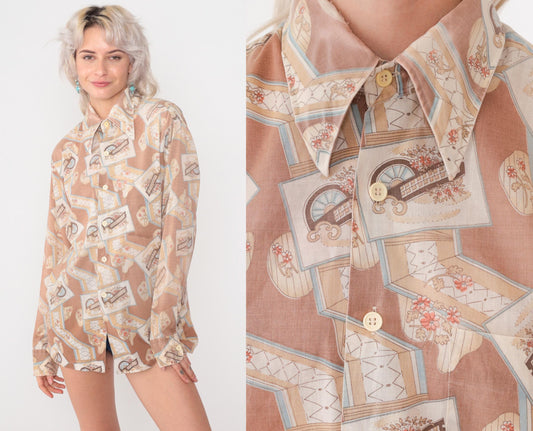 70s Garden Scene Button Down Blouse Peach Novelty Print Long Sleeve Medium
