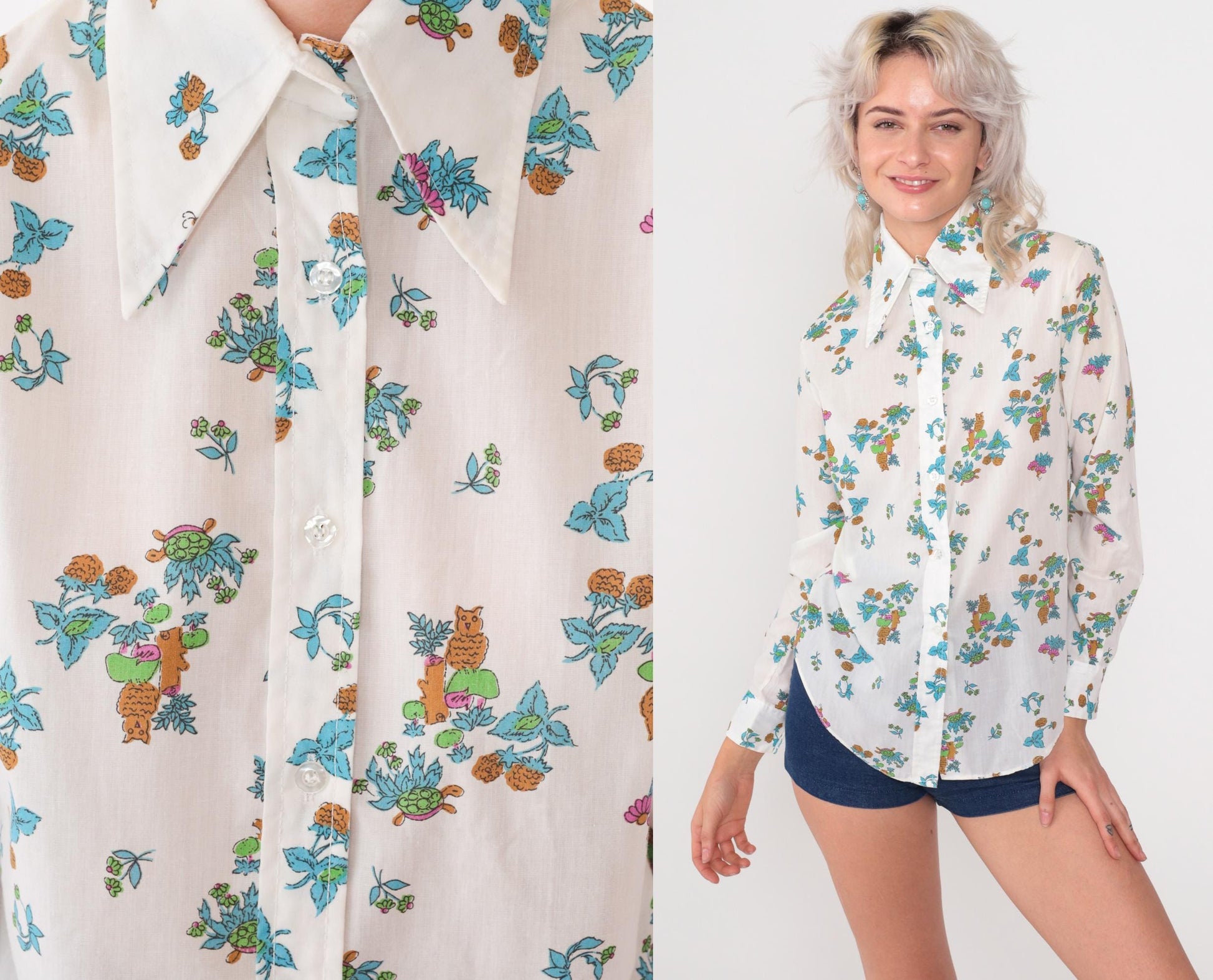 70s Animal Print Button Down Shirt Owl Turtle White Cotton Small S