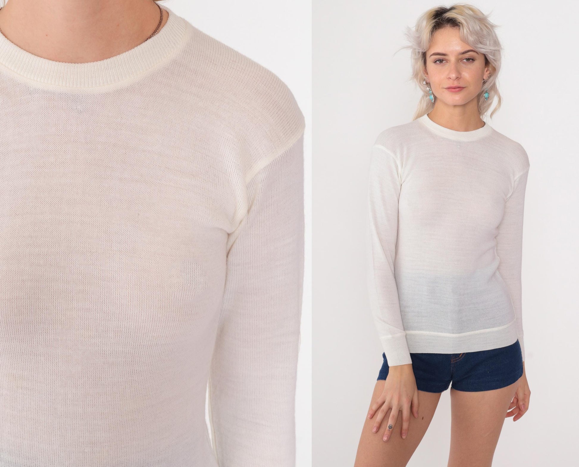 80s Snowflakes Wool Sweater Cream Ribbed Knit Crewneck XS
