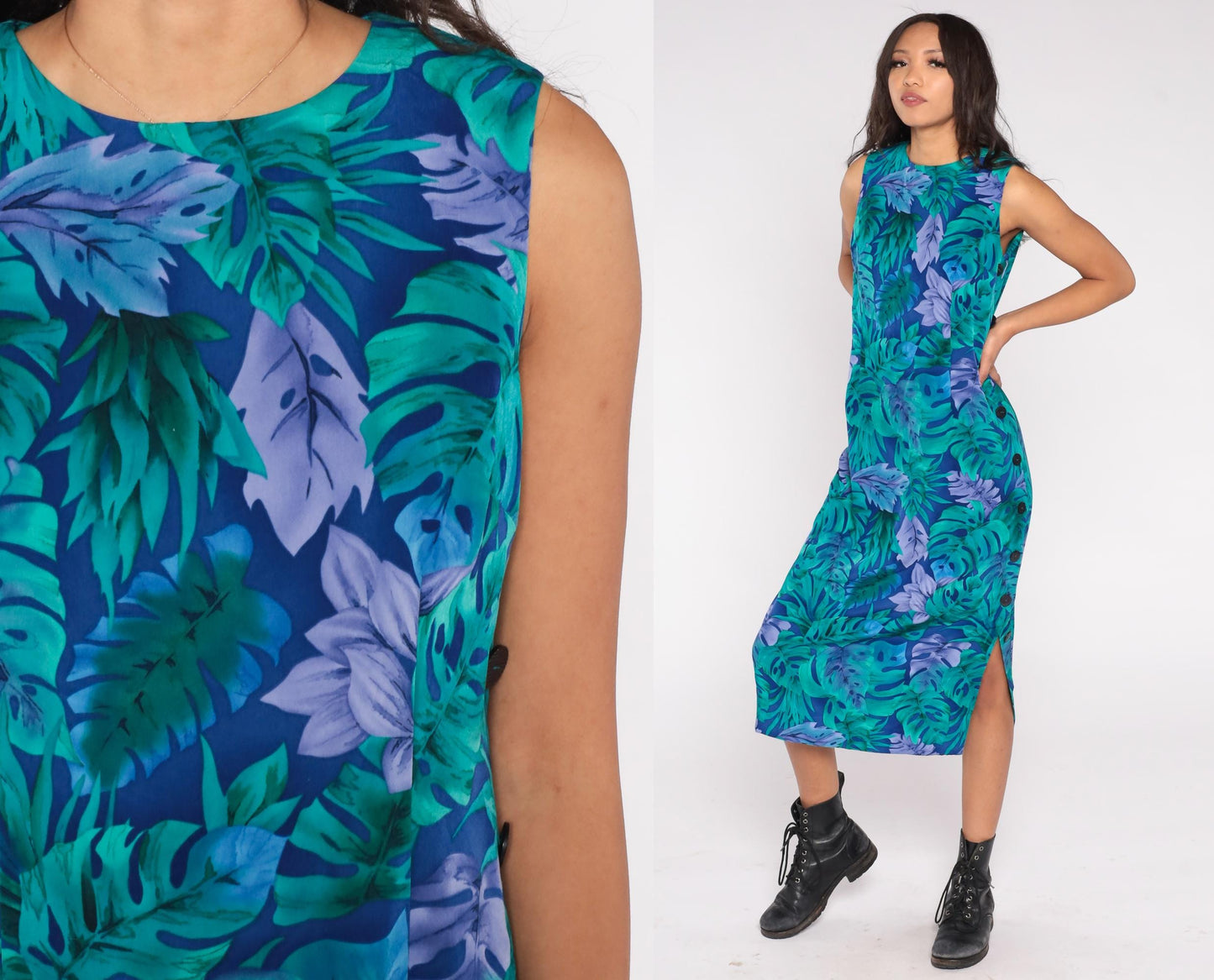 90s R&K Originals Botanical Maxi Dress Emerald Teal Lavender Navy Size 8