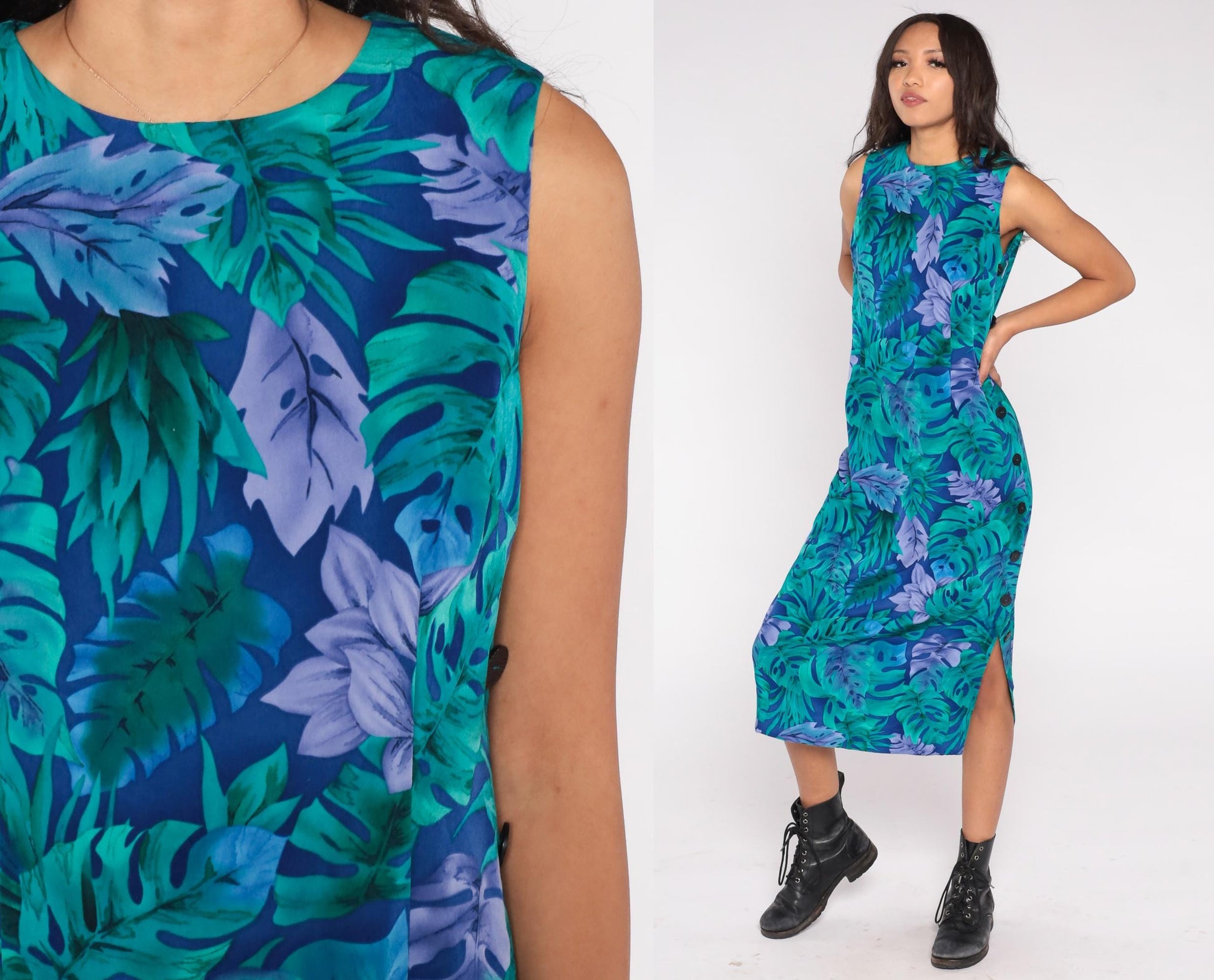 90s R&K Originals Botanical Maxi Dress Emerald Teal Lavender Navy Size 8