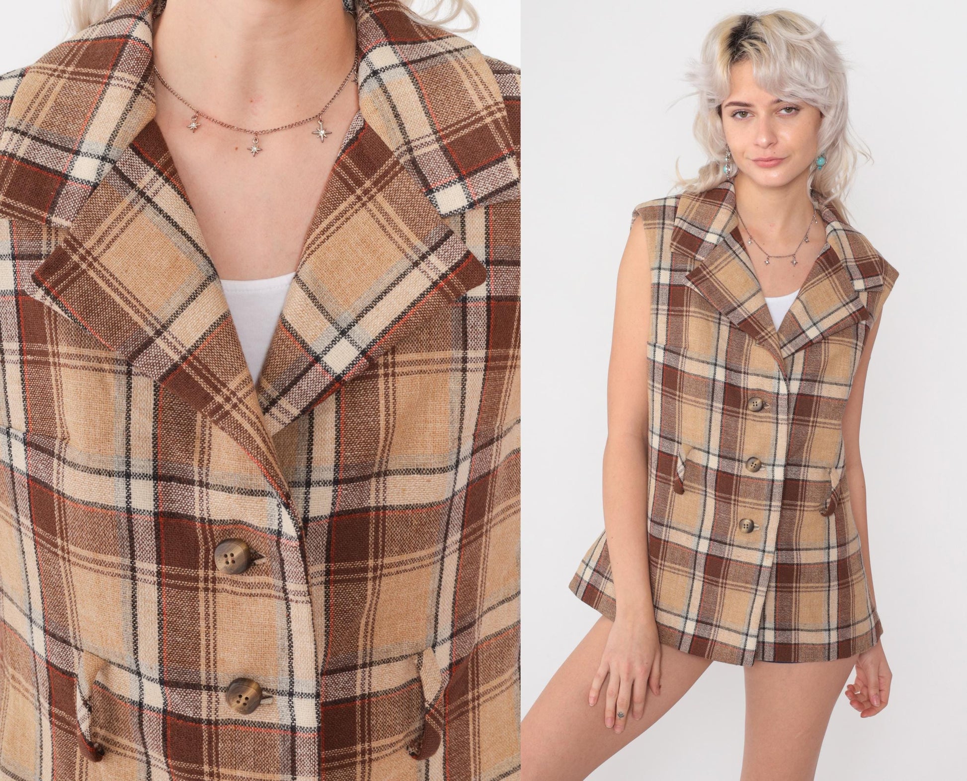 70s Plaid Wool Vest Tan Brown Double-Breasted Lapel Tailored Large L