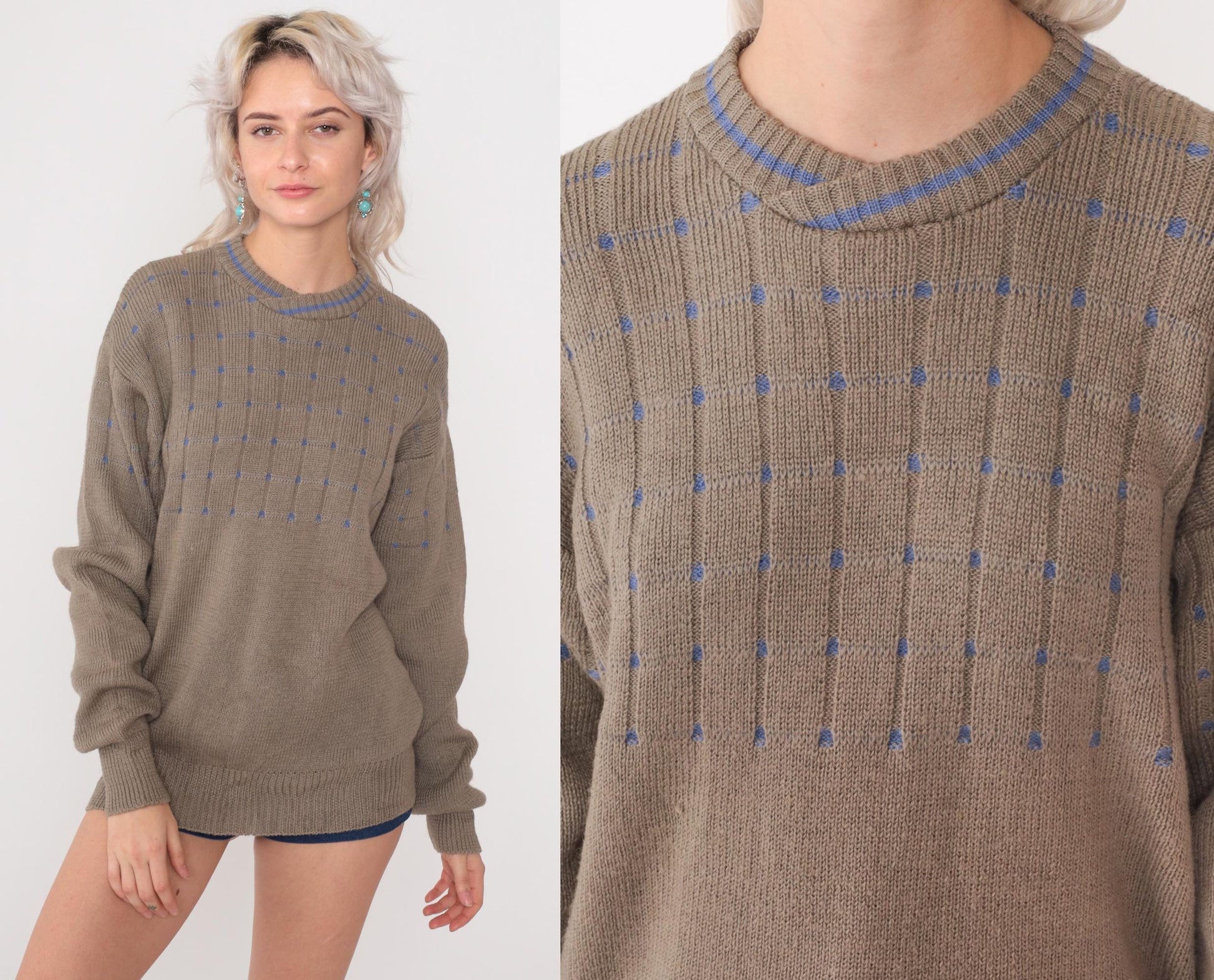 80s Gianfranco Ruffini Wool Sweater Taupe Grid Crewneck Drop Shoulder Large L