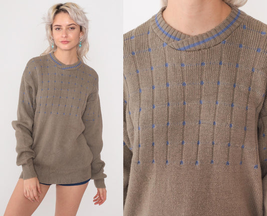 80s Gianfranco Ruffini Wool Sweater Taupe Grid Crewneck Drop Shoulder Large L