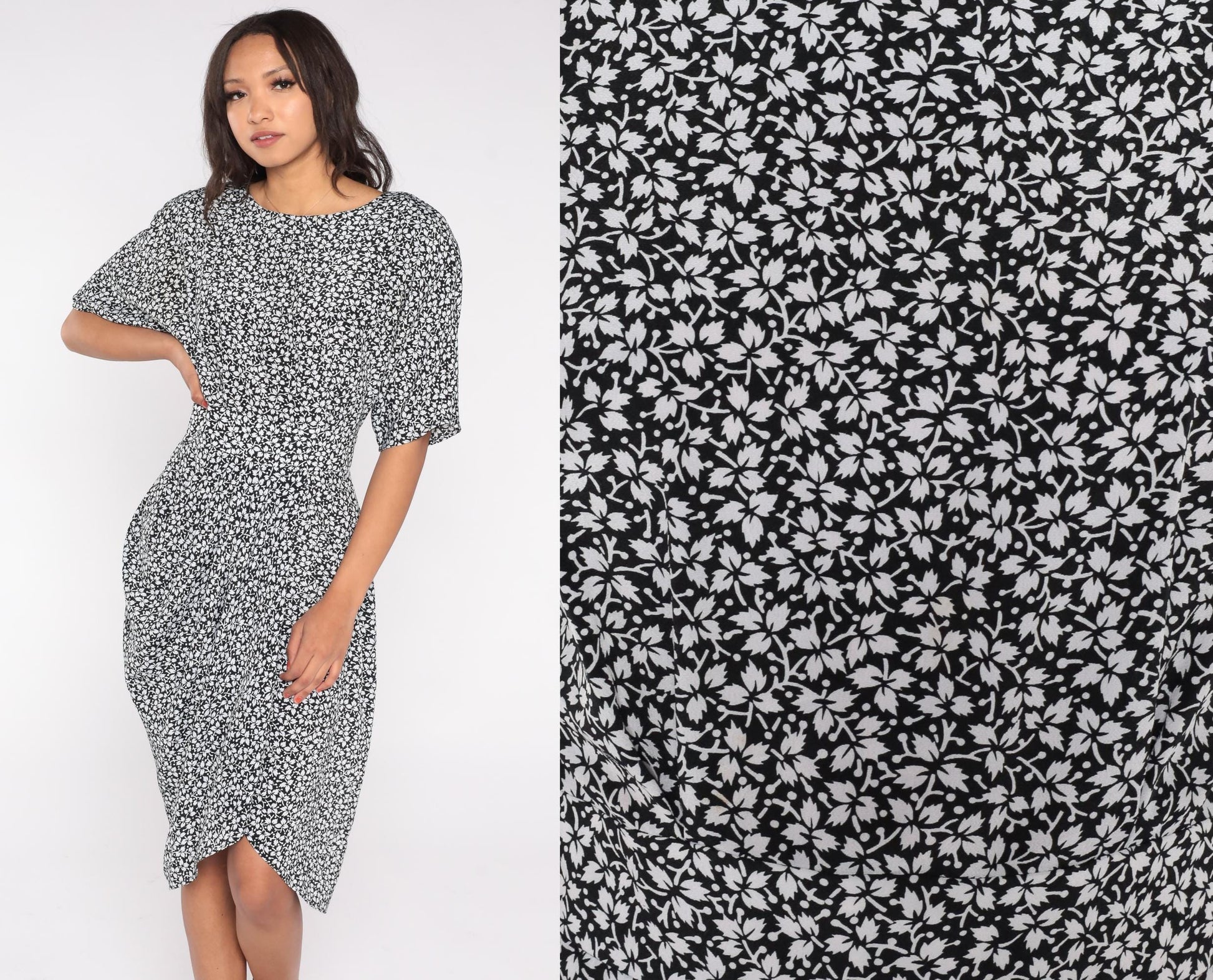 90s Warren Z Black White Leaf Print Midi Dress Fitted Waist Tulip Hem Medium