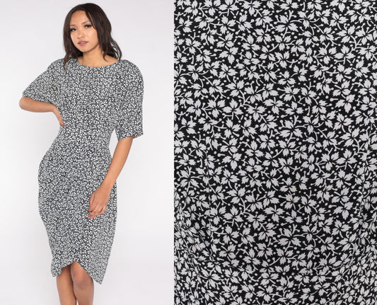 90s Warren Z Black White Leaf Print Midi Dress Fitted Waist Tulip Hem Medium