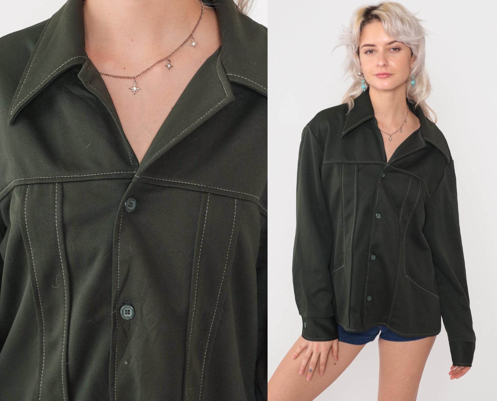 70s Wrangler Olive Green Shacket Button Up Shirt Jacket Large L