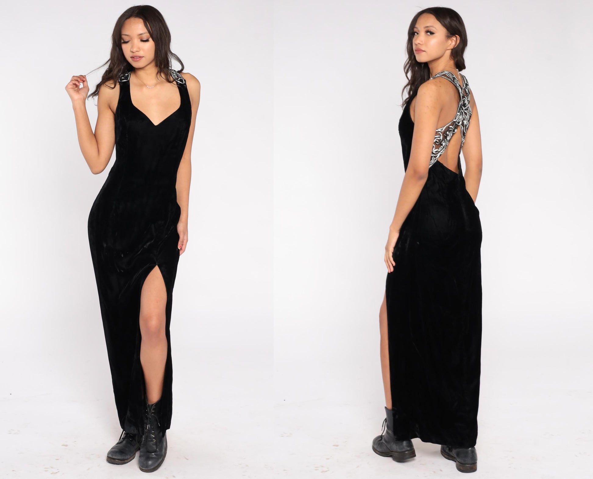 90s Roberta Black Velvet Maxi Gown Silver Embroidered Cross-Back Medium