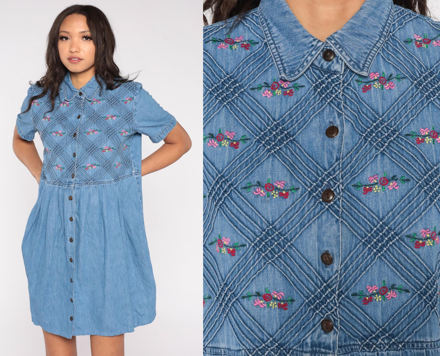 90s Floral Embroidered Denim Mini Dress Blue Collared Short Sleeve Large L