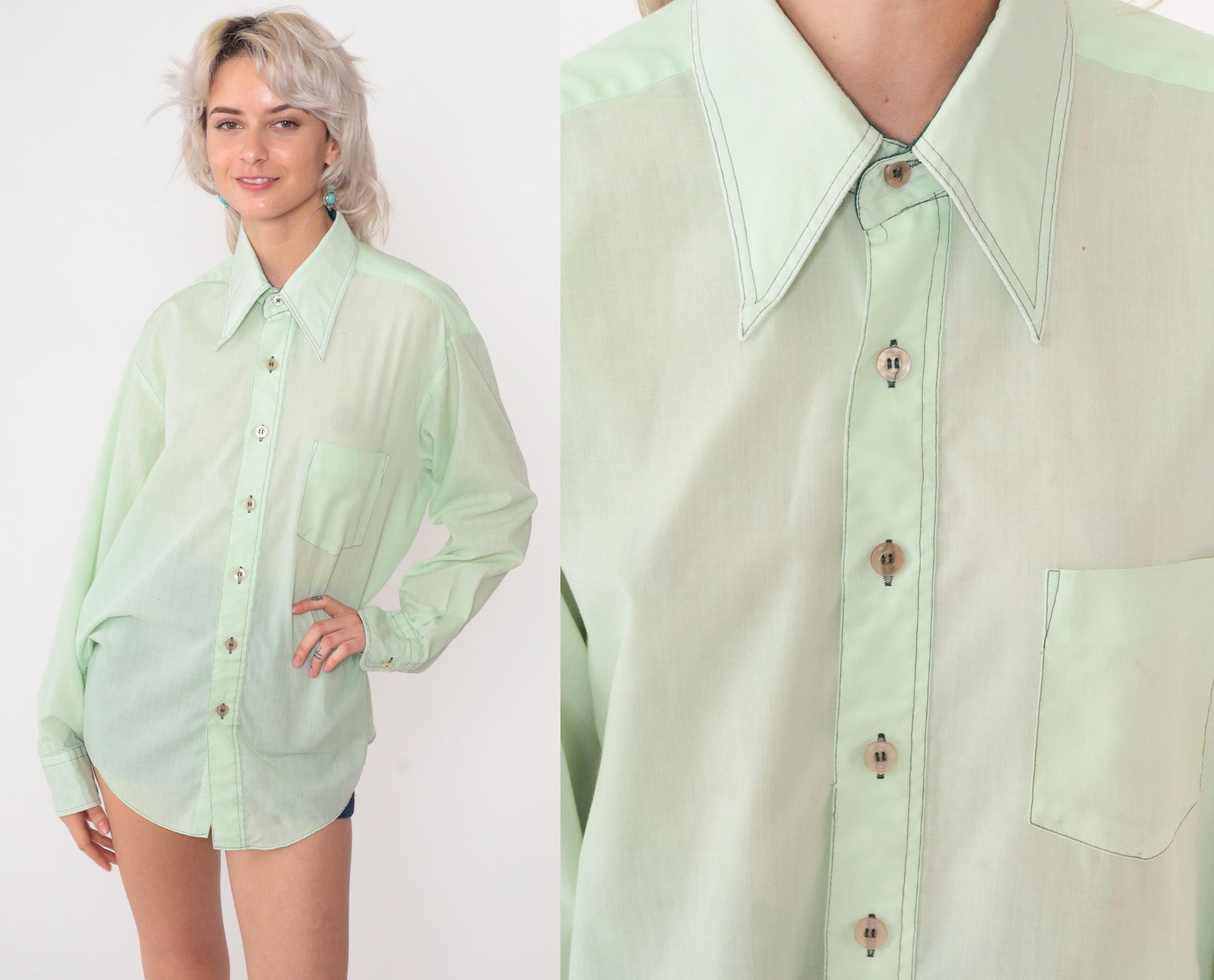 70s Van Heusen Mint Green Button Down Shirt Pointed Collar Polyester Medium