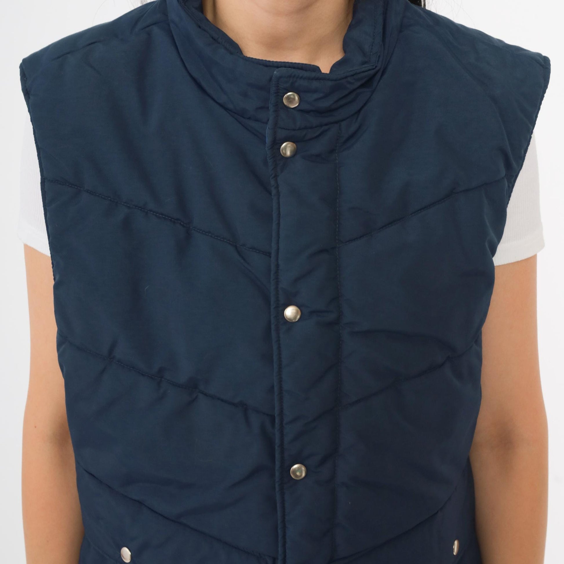 80s CB Navy Puffer Vest Quilted Nylon Snap Front Insulated Large