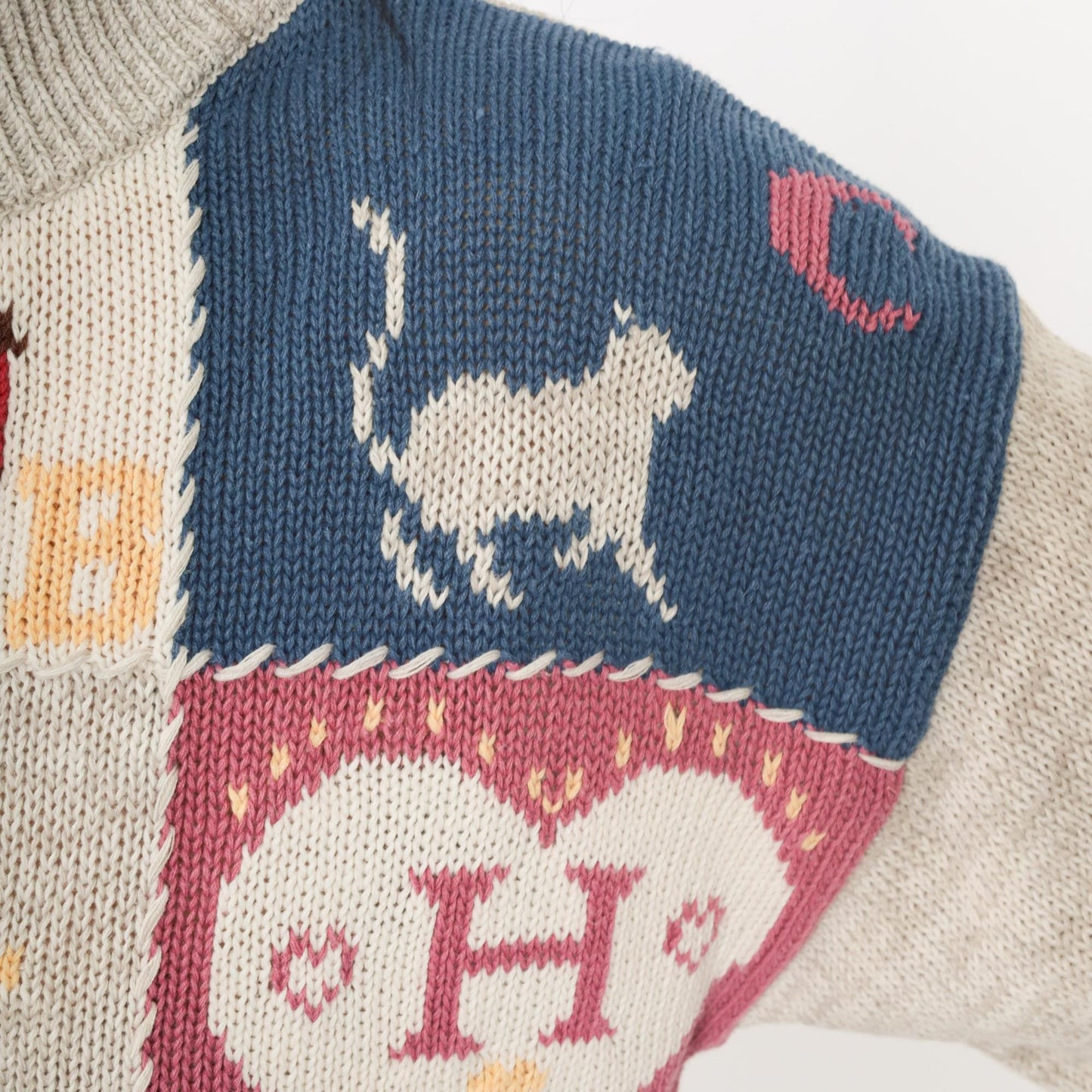 90s Woolrich Alphabet Farm Animal Patchwork Turtleneck Sweater Beige Small S