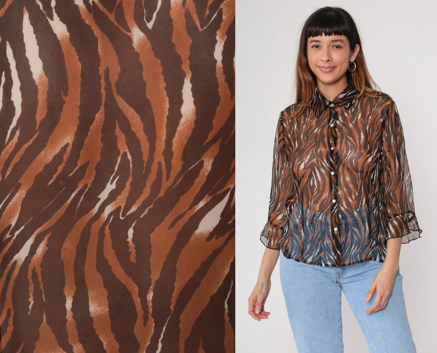 Y2K Tiger Stripe Button-Up Blouse Brown Animal Print Sheer Medium M