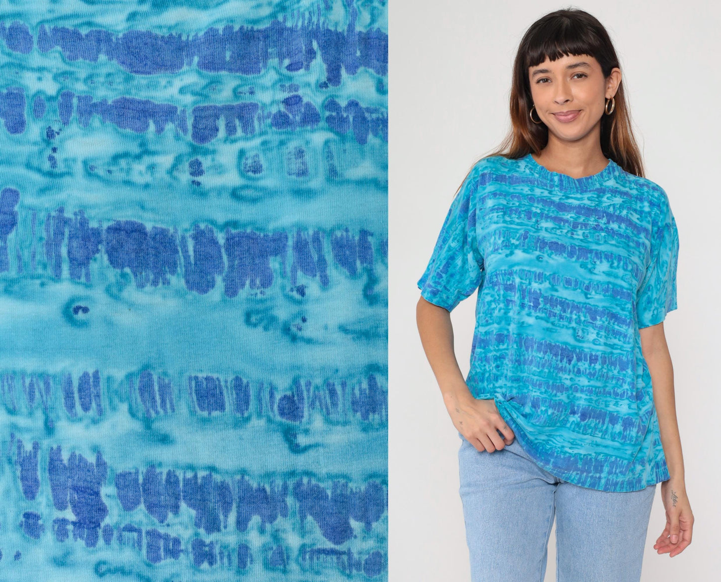 90s Blue Tie Dye Horizontal Stripe Cotton T-Shirt Crew Neck Medium