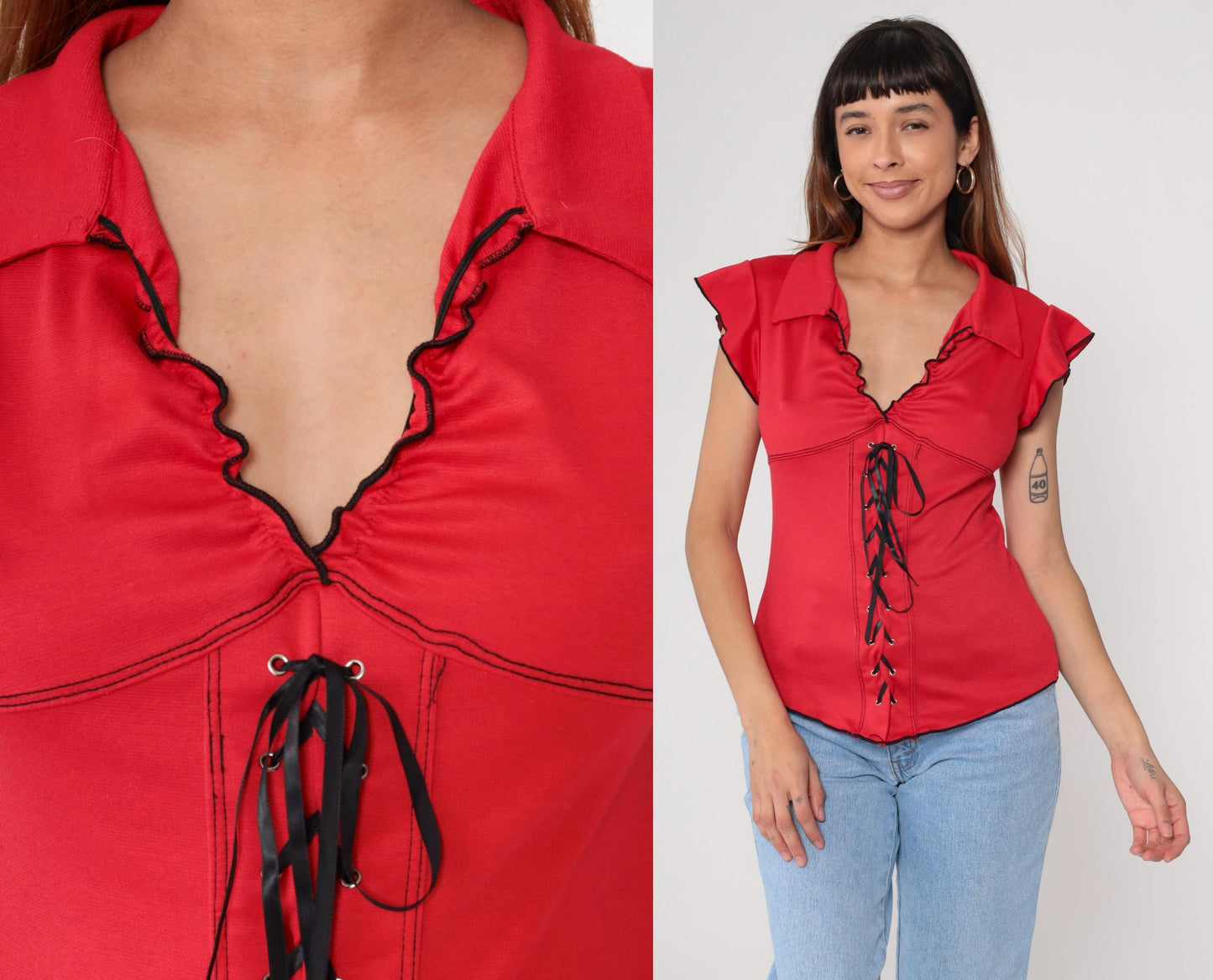 Y2K Red Lace-Up Corset Top Black Trim Ruffle Cap Sleeve Medium M
