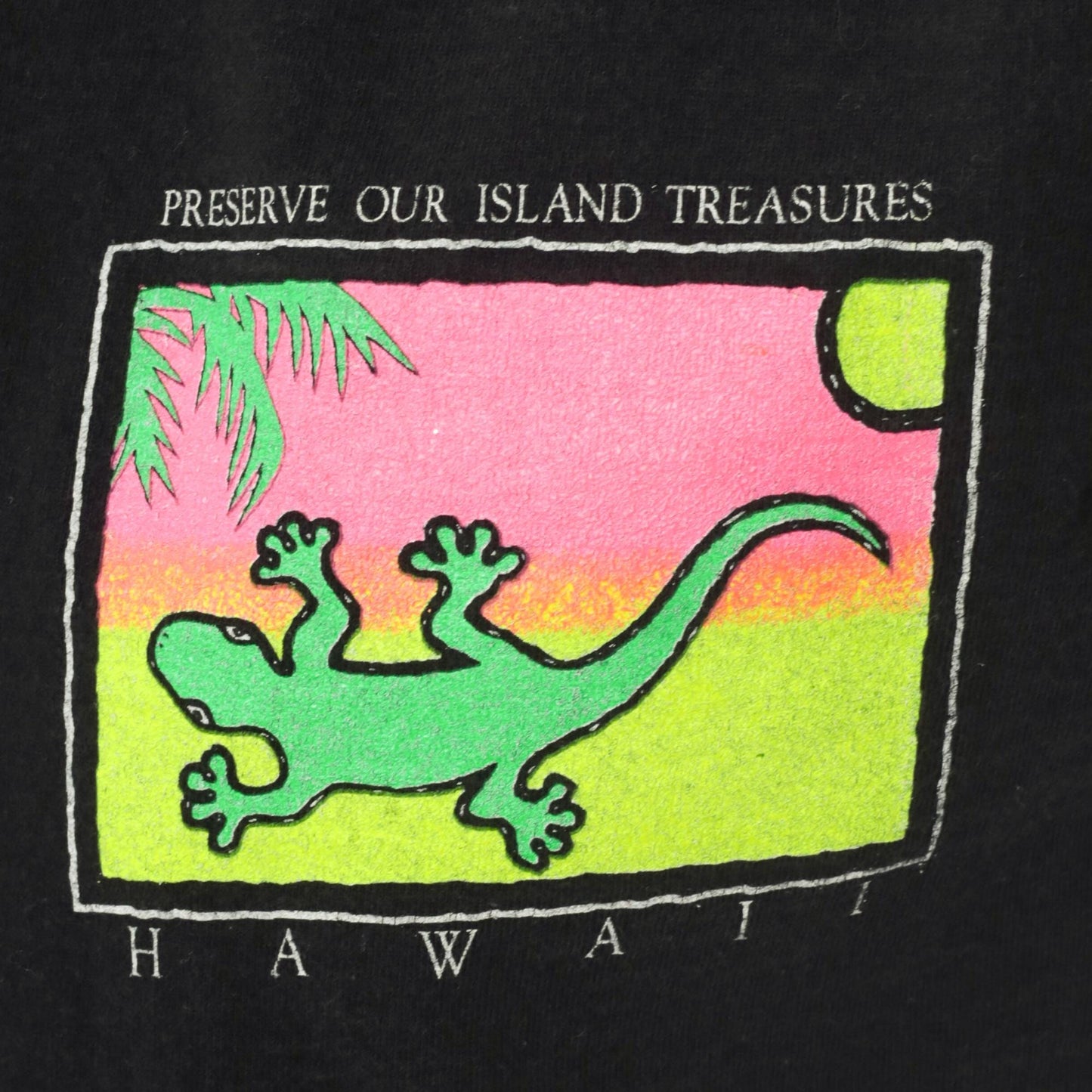 90s Hawaii Gecko Conservation T-Shirt Black Neon Sunset Graphic Medium