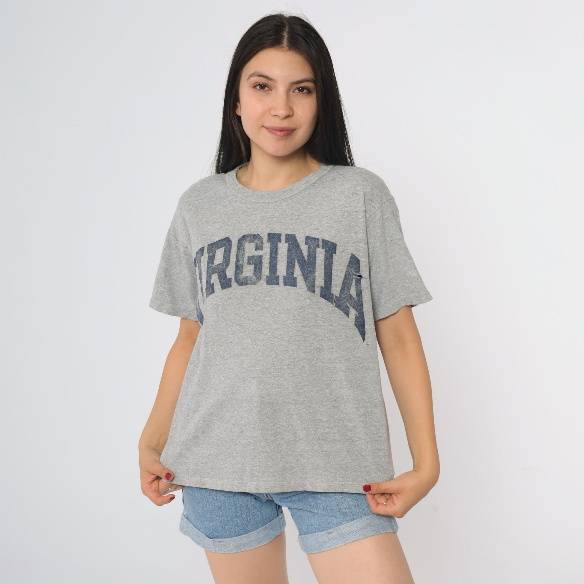 90s Champion Virginia State Graphic T-Shirt Heather Grey Navy Medium
