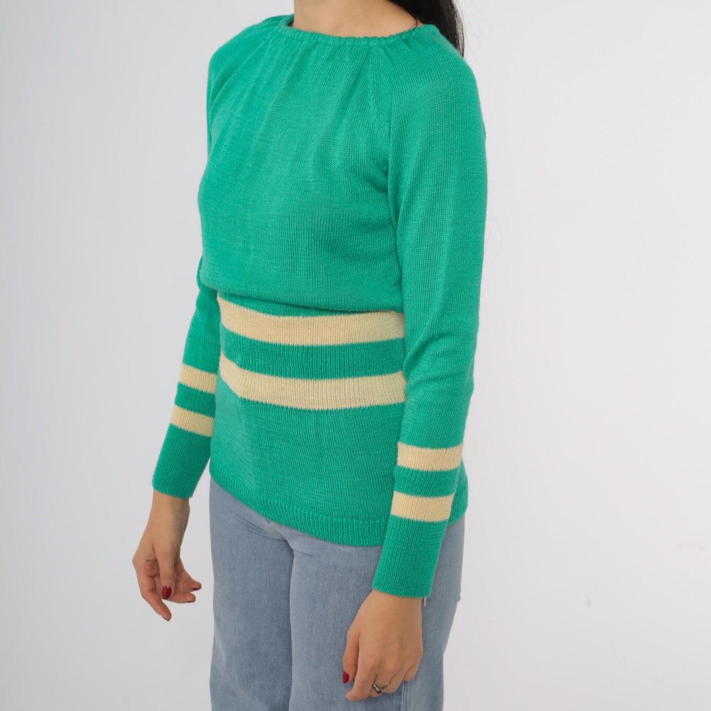 80s Penrose Emerald Green Striped Boat Neck Sweater Cream Small