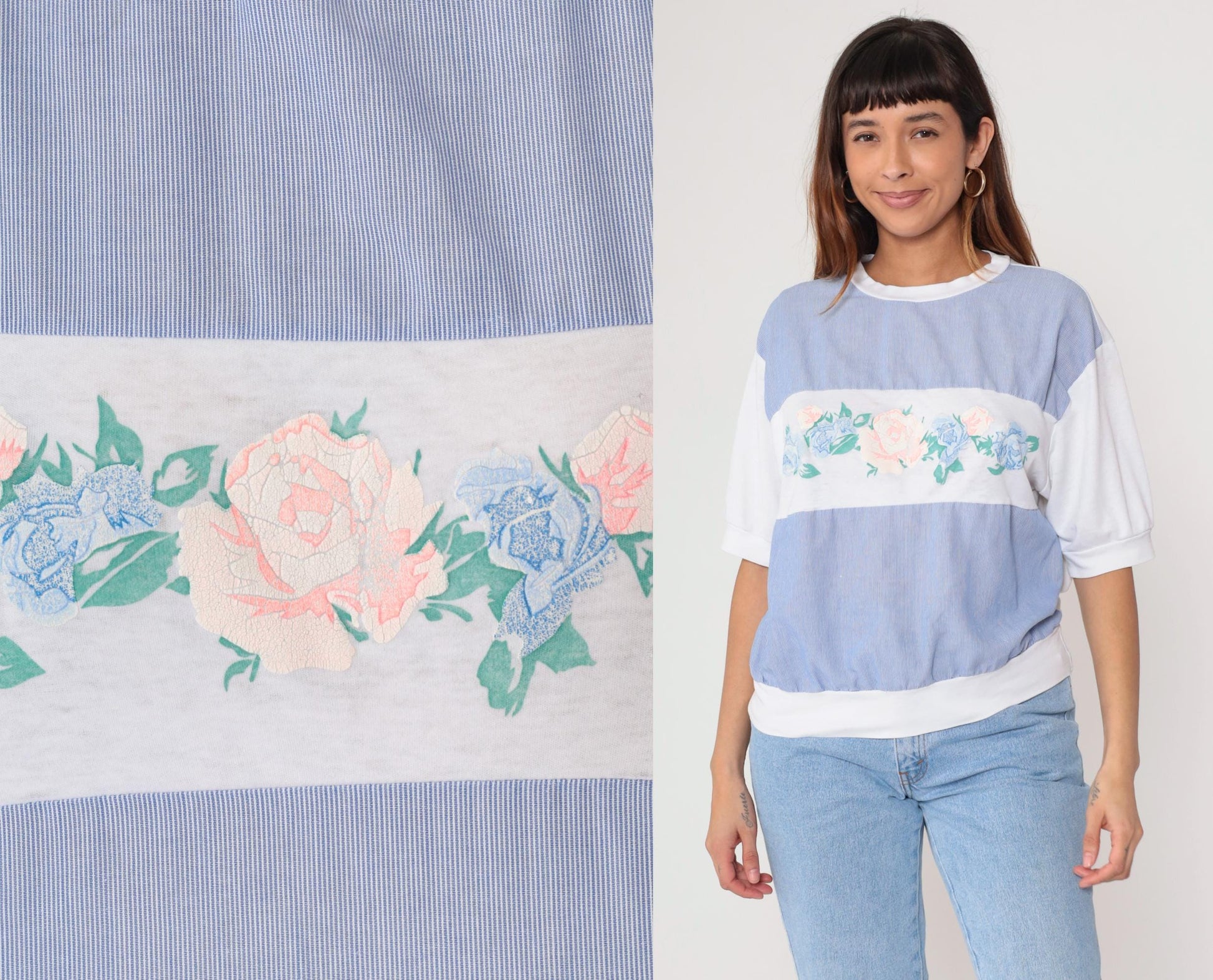 90s Floral Stripe Knit Top White Blue Pink Rose Print Ribbed Medium M