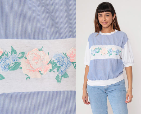 90s Floral Stripe Knit Top White Blue Pink Rose Print Ribbed Medium M