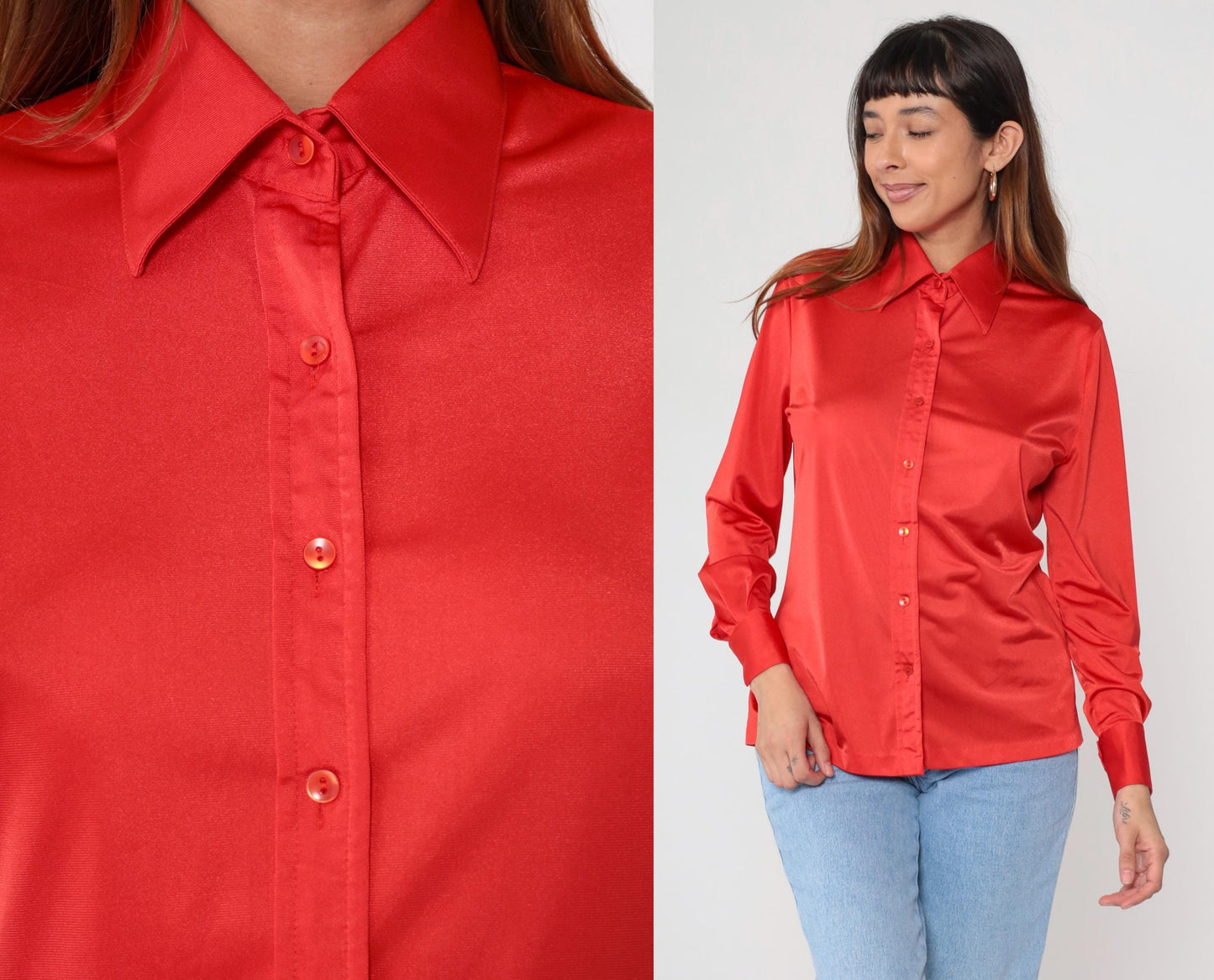 70s Coral Red Polyester Satin Button Up Blouse Pointed Collar Long Sleeve Medium M