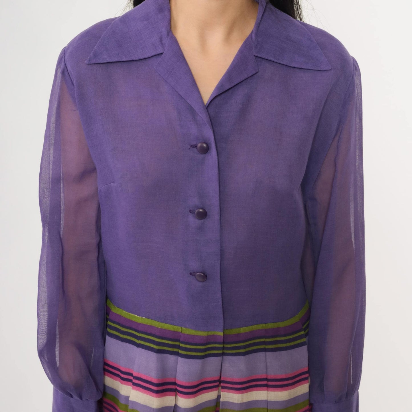 60s Rainbow Stripe Chiffon Midi Dress Button Front Long Sleeve Multicolor Large