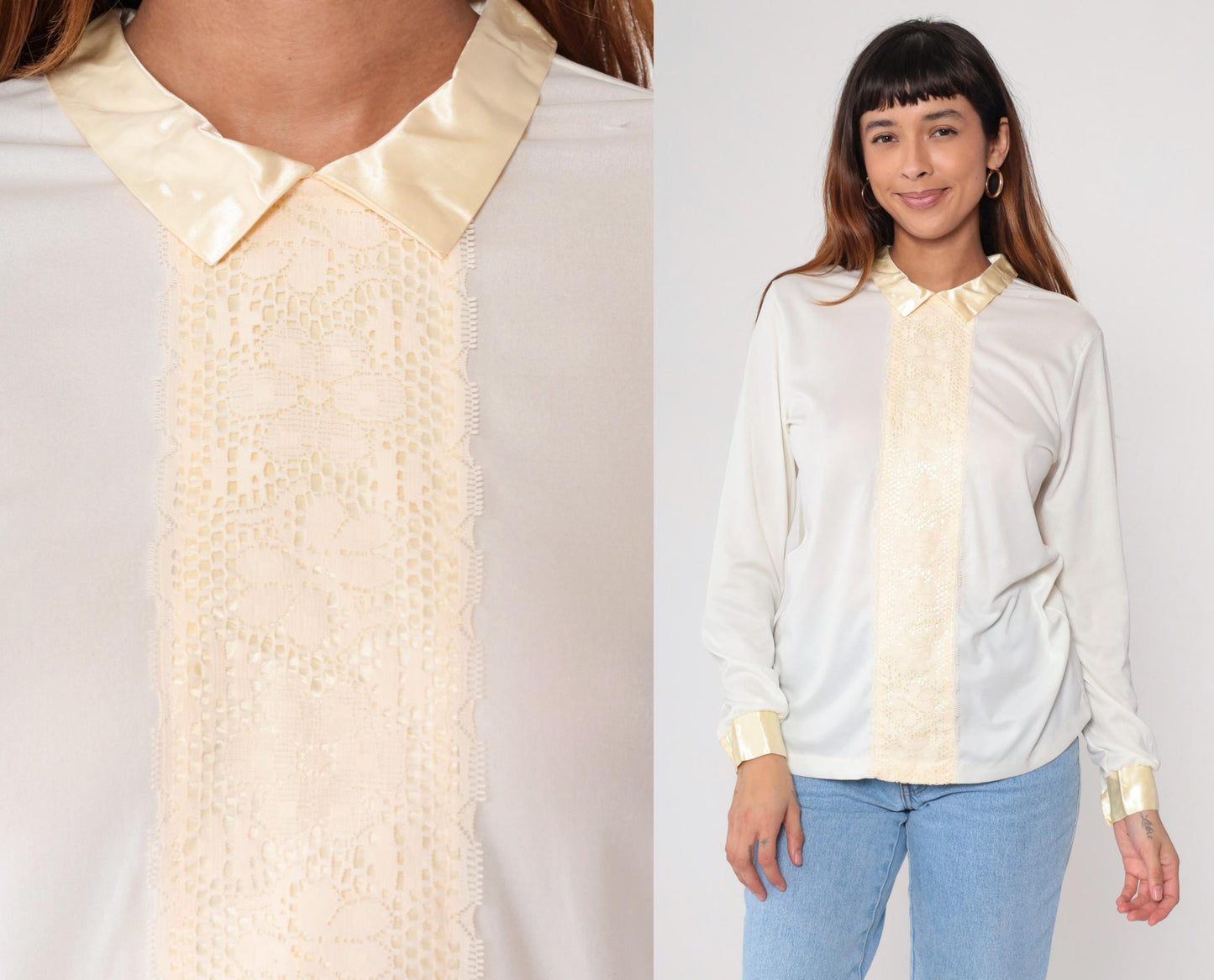 70s White Cream Lace Prairie Blouse Button Up Long Sleeve Medium M