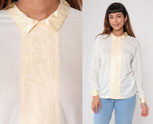 70s White Cream Lace Prairie Blouse Button Up Long Sleeve Medium M