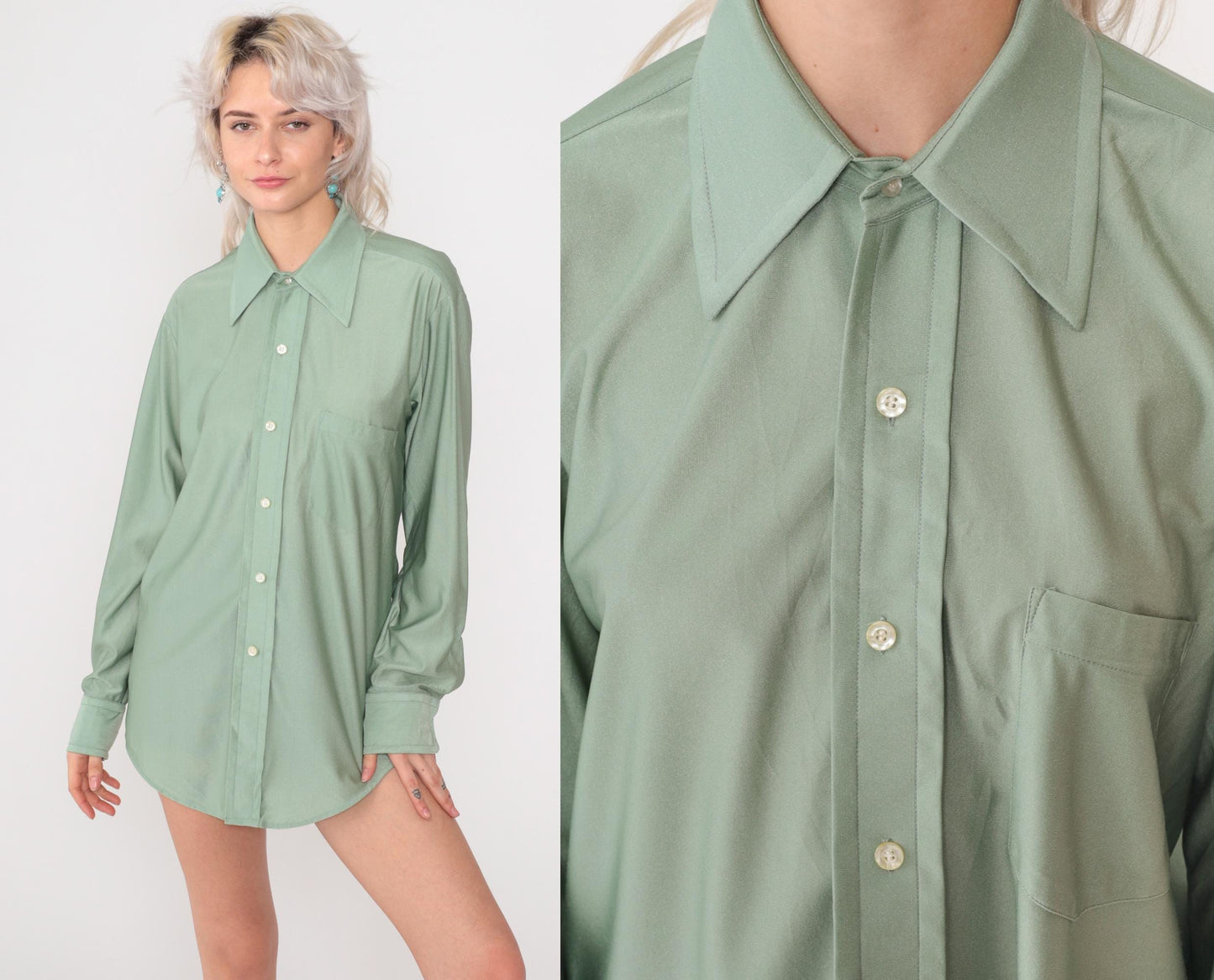 70s Qiana Sage Green Button-Up Shirt Pointed Collar Long Sleeve Large