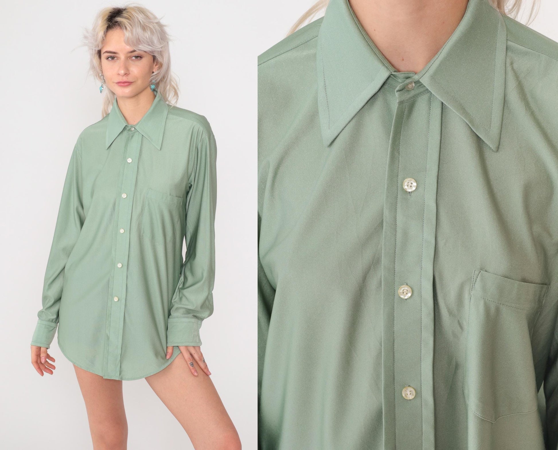 70s Qiana Sage Green Button-Up Shirt Pointed Collar Long Sleeve Large