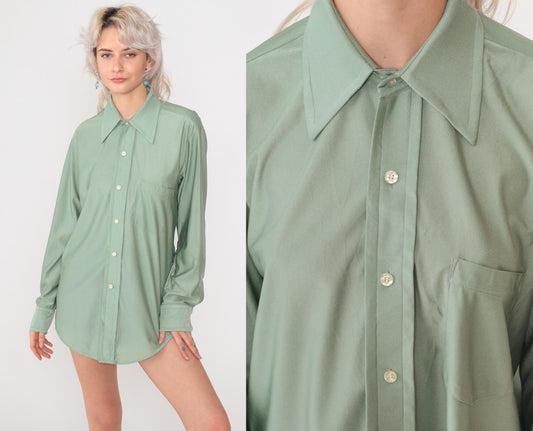 70s Qiana Sage Green Button-Up Shirt Pointed Collar Long Sleeve Large