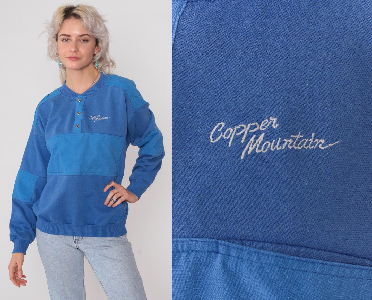 80s Copper Mountain Ski Henley Sweatshirt Blue Color Block Large L