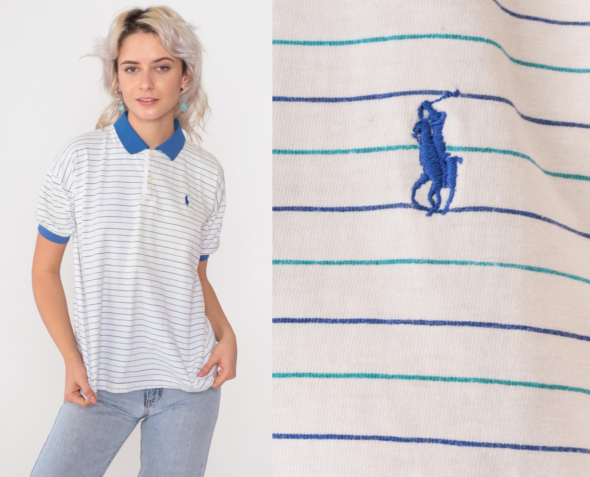90s Polo Ralph Lauren Striped Polo Shirt White Blue Short Sleeve Extra Small