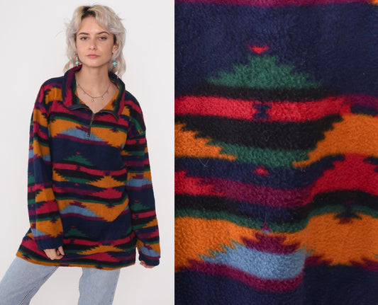 90s Denim Express Aztec Fleece Half-Zip Pullover Multicolor Tribal Large L